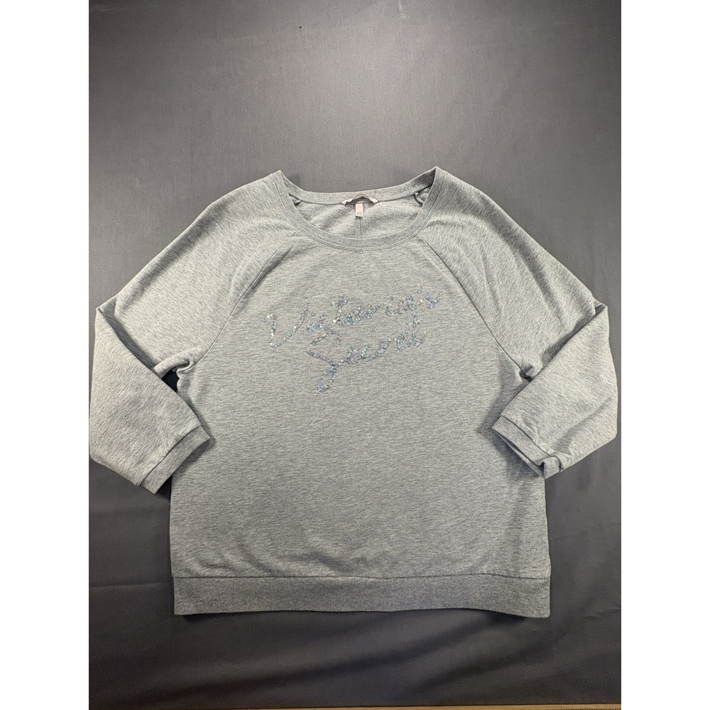 Victorias Secret 3/4 Sleeve Sweatshirt Women's M Oversized Sequin Logo Lightgray